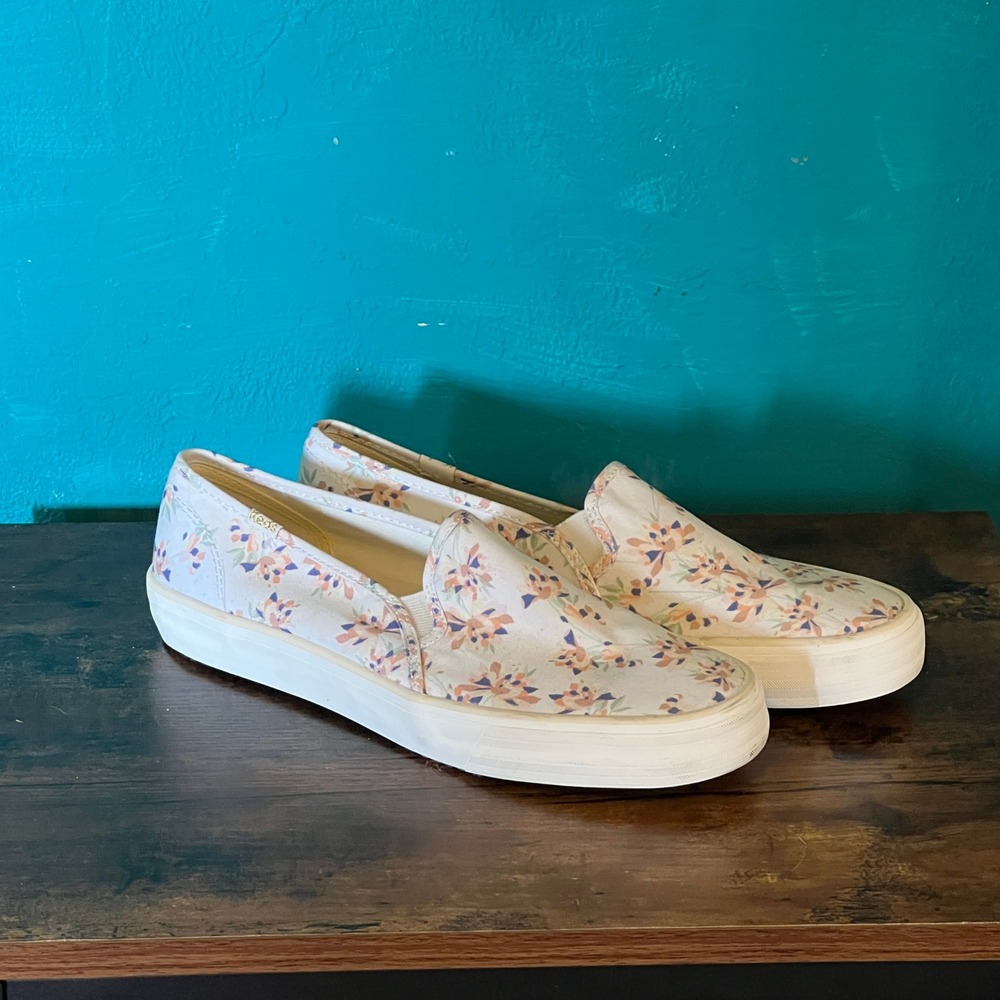 Keds Double Decker Slip-On Sneakers - Floral White Blue Peach Pink - Women's 9.5